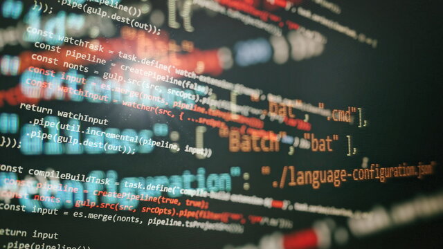 Computer script. Software background. Source code photo. Website programming code. Programmer developer screen. Developer working on program codes in office.