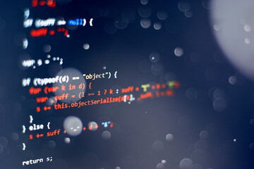 Desktop PC monitor photo. Javascript functions, variables, objects. Project managers work new idea....
