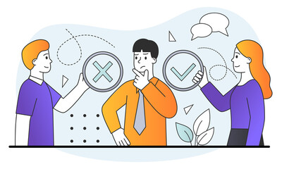 Difficult choice concept. Man listens to advice of colleagues and makes decision. Pros and cons. Direction of development. Cartoon doodle flat vector illustration isolated on a white background