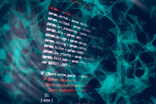 Desktop PC monitor photo. Javascript functions, variables, objects. Project managers work new idea. Future technology creation process.