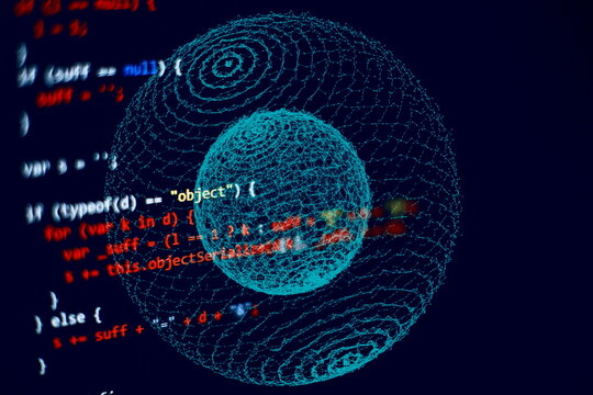 Desktop PC monitor photo. Javascript functions, variables, objects. Project managers work new idea. Future technology creation process.