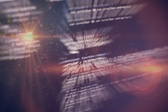 Desktop PC monitor photo. Javascript functions, variables, objects. Project managers work new idea. Future technology creation process.