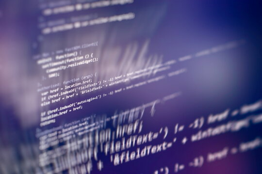 Desktop PC monitor photo. Javascript functions, variables, objects. Project managers work new idea. Future technology creation process.