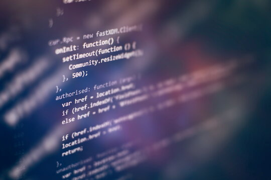 Desktop PC monitor photo. Javascript functions, variables, objects. Project managers work new idea. Future technology creation process.
