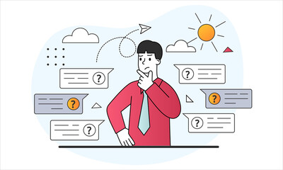 Decision making concept. Man stands around questions, looks for answers and makes choice. Opinion of colleagues. Direction of business development. Cartoon flat vector illustration on white background