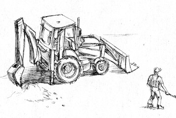tractor and worker in the technique of graphic etude  - 449483936