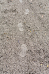 Multiple footprints on wet sand after rain. Footprints in the wet sand. Sand background.