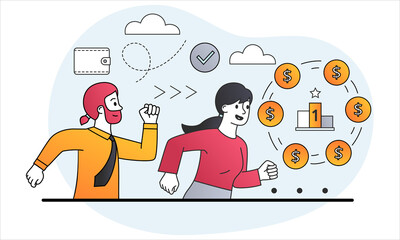 People chasing for money concept. Competitors striving for richness and wealth. Businessmen compete for first place in market. Cartoon doodle flat vector illustration isolated on a white background