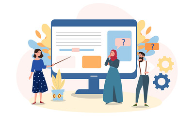 Teamwork in office concept. Characters are standing near monitor and studying details of project. Effective collaboration to achieve good results. Cartoon flat vector illustration on white background