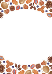 手描き色鉛筆　ナチュラルかわいい　秋の木の実　の背景とフレームテンプレート　青い実・白背景