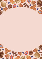 手描き色鉛筆　ナチュラルかわいい　秋の木の実の背景とフレームテンプレート　ピンク