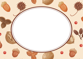 手描き色鉛筆　ナチュラルかわいい　秋の木の実の背景とフレームテンプレート　ベージュ