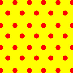 seamless pattern red polka dot circle on yellow background. Modern style dot texture. Trendy print. Swatches. For printing, wrapping paper, wallpaper, textile, fabric