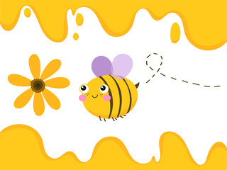 Cute cartoon vector bumblebee flying to a daisy flower for pollination, Sweet bee is flowing in drains down. Ideal for organic festival banner, invitation, honey jar concept design.