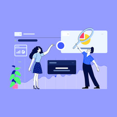 Vector illustration of people interacting with charts and data analytics.