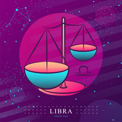 Modern magic witchcraft card with astrology Libra zodiac sign. Scales logo design