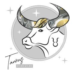 Modern magic witchcraft card with astrology Taurus zodiac sign.  Bull head logo design