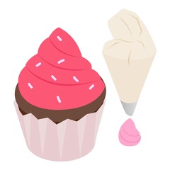 Cupcake decoration icon isometric vector. Chocolate cupcake and pastry bag. Dessert, pastry, confectionery