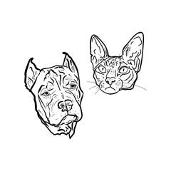 Isolated illustration of a line cat and dog on a white background. Sphynx, Staffordshire terrier as a logo, icon, isolated for printing on packaging, pet shop, veterinary