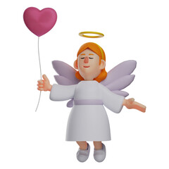 Angel 3D Cartoon Illustration holding a Purple Heart balloon