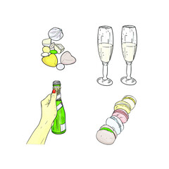 Illustration of drinks and desserts on a white background. Champagne, macaroon, cookies, chocolate as a logo, icon, elements for designers