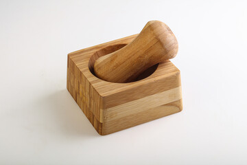 Wooden mortar for kitchen isolated
