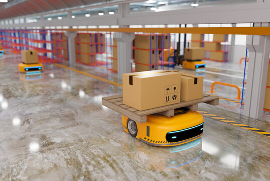automated guided vehicle working in warehouse, transfering robot system with logistic business concept, 3d illustration rendering