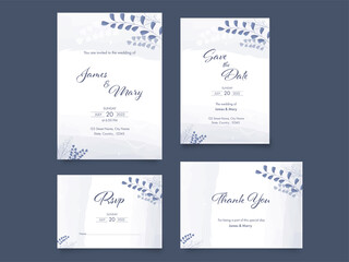 Wedding Invitation Suite Decorated With Leaves On Slate Gray Background.