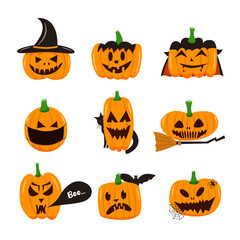 Halloween set of pumpkins with faces