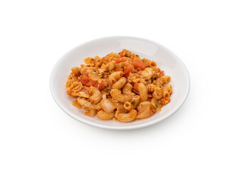 Macaroni with tomato sauce on white plate on isolated 