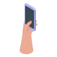 Hand holding phone icon isometric vector. Mobile smartphone. Screen internet