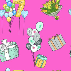 Seamless vector illustration of balloons, gifts, 7 years birthday. Pattern for printing as a blank for designers, printing on fabric, paper, textile, greeting