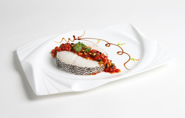 steamed fresh cod fish fillet with red hot spicy chilli sauce in white background asian halal seafood menu