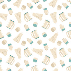 Seamless pattern with teapot, pot holders and towels. Kitchen print with cooking utensils. Cooking food on the background