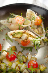 Vegan pasta shell iced with tofu and courgette sauce and olive oil