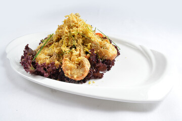 stir fried crayfish prawn seafood with butter spicy cereal milk sauce taste in white background asian halal seafood menu