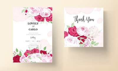 Romantic peony and rose red flower frame wedding invitation