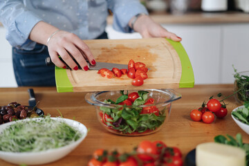 Closeup of human hands cooking vegetables salad in kitchen