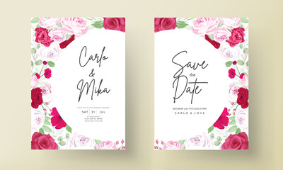 Romantic peony and rose red flower frame wedding invitation