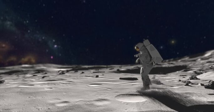 An astronaut in space suit walking on Moon surface, watching planet Earth and stars of MIlky Way galaxy on background, Lunar module after landing Apollo Mission