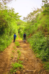 Obraz premium Two men on a path through the countryside, Two young men walking along a path with copy space