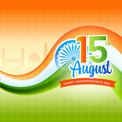15th August, Independence Day Concept With India Flag Ribbon On Orange And Green Sacred Geometric Background.