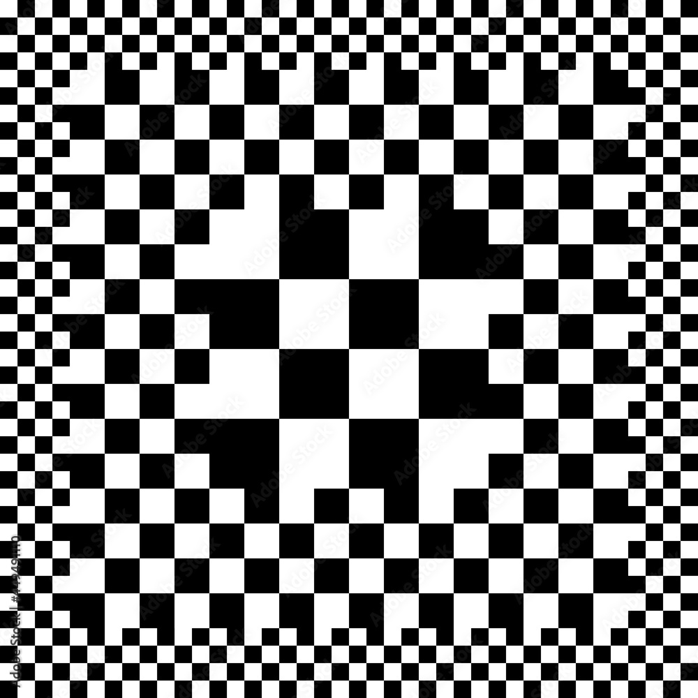 Poster from small to large cells in center checker ornament. vector chess tile. black and white colors only