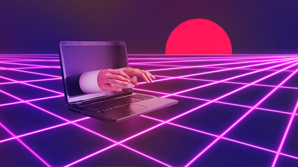 Red, glowing sun and male hands from laptop screen type on keyboard. Remote work, online education or social networks idea. Minimal vaporwave abstract scene on purple background with neon grid.