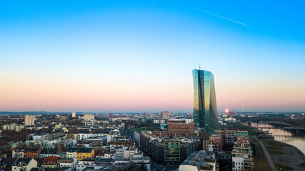 Skyscrapers in Frankfurt, Germany at dusk