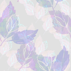 Watercolor, graphic leaves.Image on white and colored background.Seamless pattern.