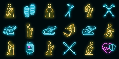 Nordic walking icons set. Outline set of nordic walking vector icons neon color on black