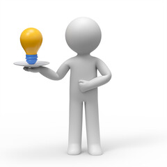 3D Character holding glowing bright yellow light bulb in his hand.