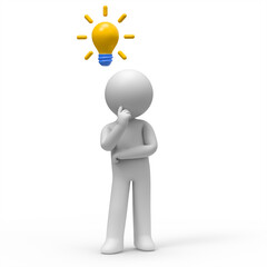 3d man thinking with idea bulb above his head over white background