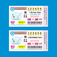 Illustration of the Thai Government Lottery for December 2021 with Thai and English text. on a blue background used for information design and education 